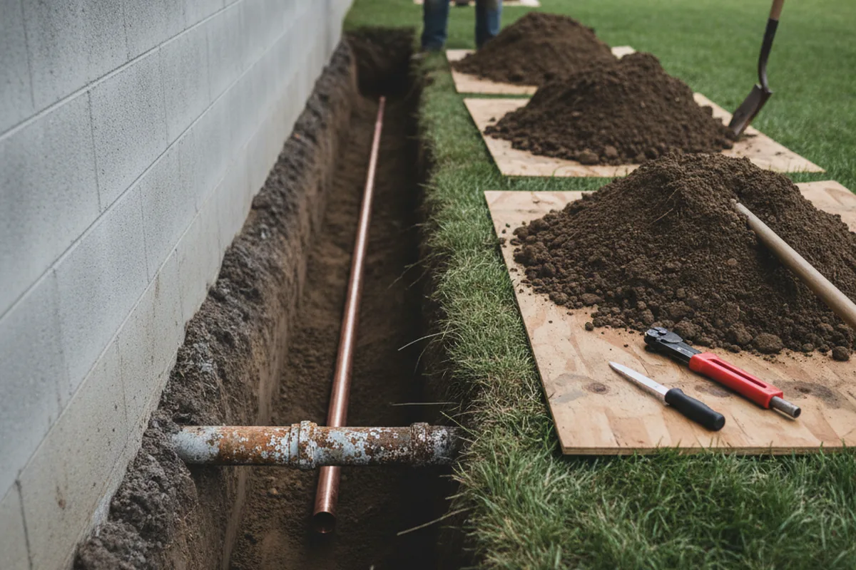 Excavated water line trench during Water Softener Installation in Albers